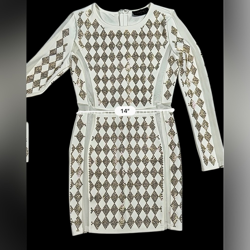 Valiant Paris White Gold Studded Bodycon Dress Long Sleeve Embellished – Size L - Picture 10 of 16